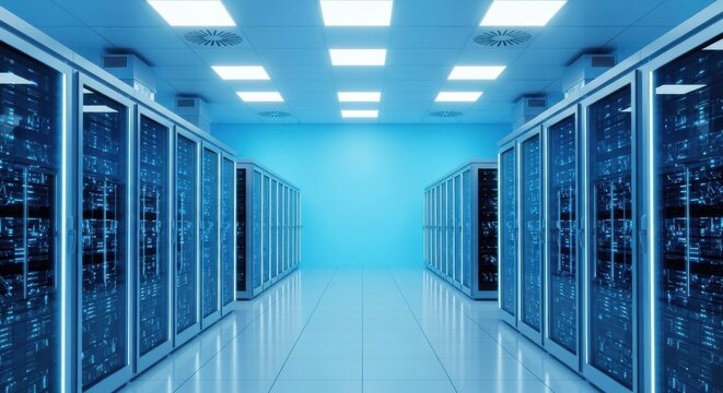 Futuristic server room data center with rows of rack and network equipment