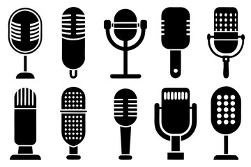 Set of Retro Microphone Icons Black and White Vector Illustration