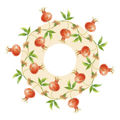 Wreath of rosehip berries. Handmade watercolor art work. For packaging design, cards, cover, prints, product labels and fabric.