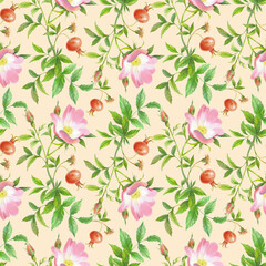 Seamless pattern of rosehip. Handmade watercolor art work. For packaging design, cards, cover, prints, product labels and fabric.