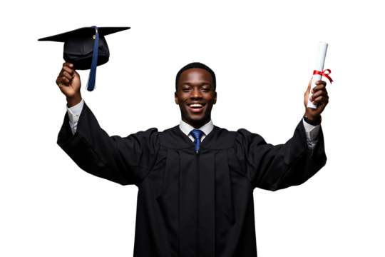 Joyful Black graduate in academic regalia, triumphantly holding a diploma and graduation cap, isolated on transparent cutout background, cut out, png
