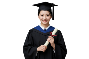 A jubilant young Asian woman in a graduation cap and gown, proudly holding her diploma, isolated on transparent cutout background, cut out, png