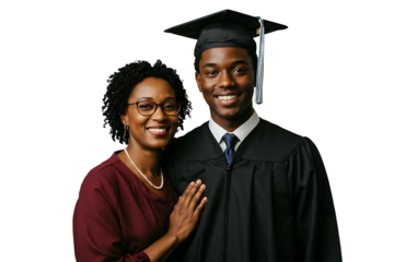 Proud mother embraces her son in his graduation cap and gown, isolated on transparent cutout background, cut out, png