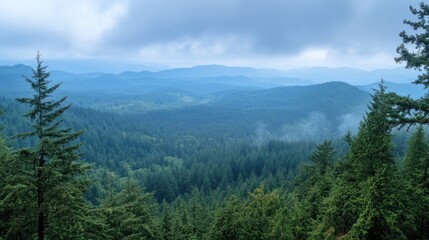 Fototapeta premium Misty Forest Landscape with Evergreen Trees and Mountains.