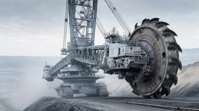 Giant bucket wheel excavator mining coal in open pit mine