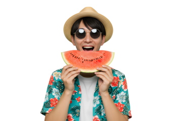 Young Asian man in a summer hat enjoying a slice of juicy watermelon, isolated on transparent cutout background, cut out, png