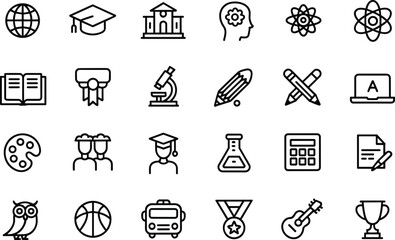 Flat vector illustration education icon set, online learning, school subjects, digital study, science research, creative arts, knowledge, academic success