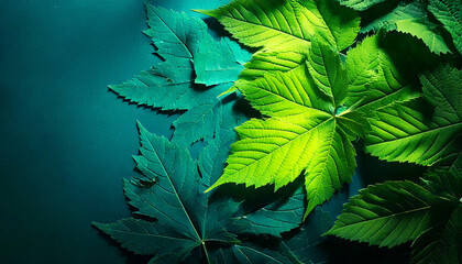 Vibrant green & blue neon glow illuminates lush tropical leaves , blue, aesthetic