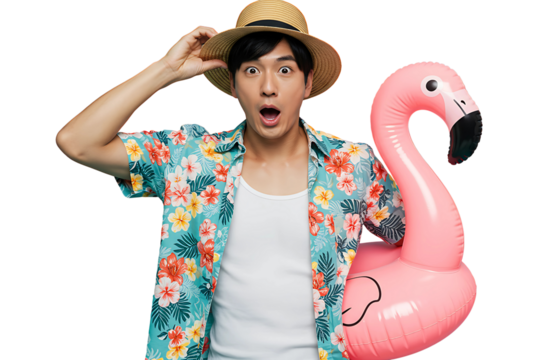 Shock asian Man in Hawaiian shirt and straw hat with flamingo float, isolated on transparent cutout background, cut out, png - Powered by Adobe