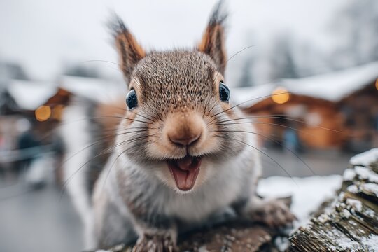 An excited squirrel smiling widely, full of delightful energy and playful spirit, captured in close-up animal photography with a joyful atmosphere.
