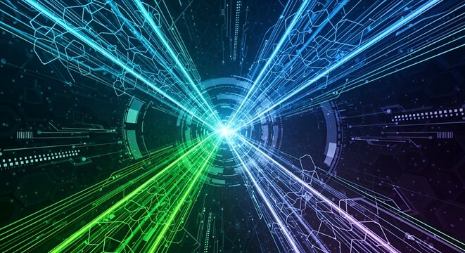 Abstract technology background with glowing lines and circular shapes in blue and green hues - Powered by Adobe