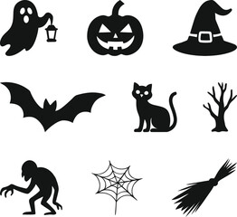 Scary Halloween Silhouette Illustration with Zombie, Ghost, Bat and Lantern
