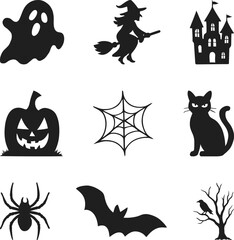 Halloween spooky icons with ghost, witch, haunted castle, pumpkin, spider, bat, and tree