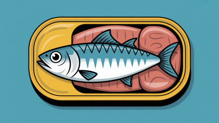 Stylized Illustration of Canned Fish in Yellow Tin with Teal Background