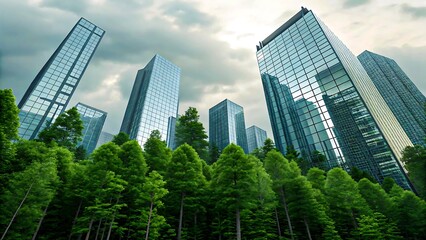 Fototapeta premium Modern Green City Skyline with Eco-Friendly Skyscrapers and Lush Forest Trees Under Cloudy Sky 