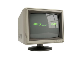 Vintage CRT computer monitor, glowing green pixelated command-line prompt on curved screen, aged cream bezels, transparent background, showcasing the evolution of technology