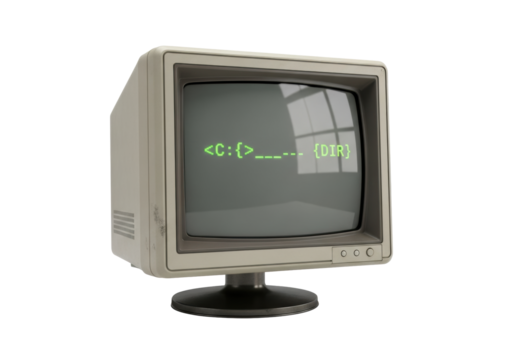 Vintage CRT computer monitor, glowing green pixelated command-line prompt on curved screen, aged cream bezels, transparent background, showcasing the evolution of technology