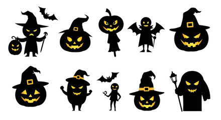 Spooky Halloween silhouettes featuring jack-o'-lanterns, witches, and bats create a festive atmosphere