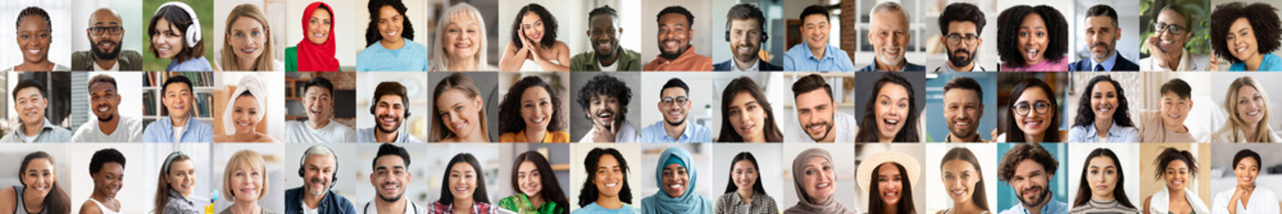 A colorful collection of diverse faces radiating joy and happiness. This collage features...