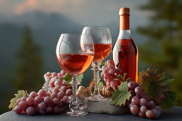 An inviting image of wine glasses, grapes, and a bottle set against a lush vineyard backdrop, embodying warmth, elegance, and the essence of a cozy evening.