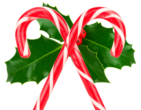 Pair of Crossed Candy Canes with Holly and Berries, Transparent PNG - Powered by Adobe