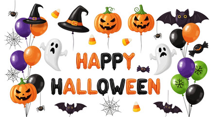 Spooky Halloween party decorations with pumpkins, ghosts, bats, and balloons create festive fun