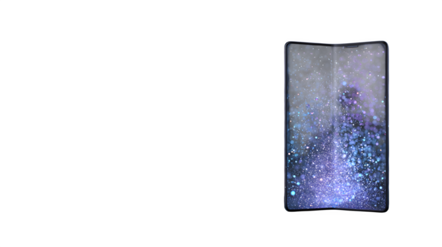 Foldable smartphone with galaxy display, isolated on transparent background