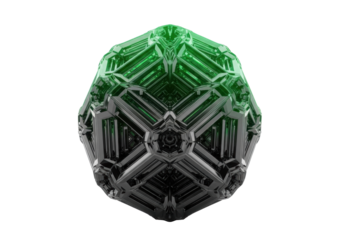 A sharply geometric, multi-faceted structure with interlocked crystalline columns, high-gloss obsidian to emerald green gradient, isolated on a transparent background with uniform studio lighting.