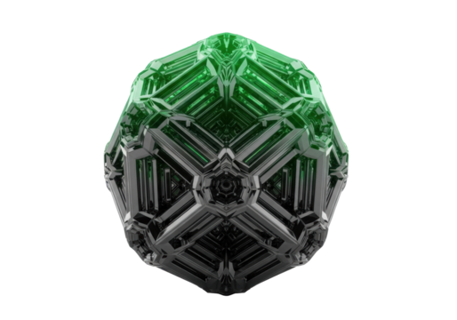 A sharply geometric, multi-faceted structure with interlocked crystalline columns, high-gloss obsidian to emerald green gradient, isolated on a transparent background with uniform studio lighting.