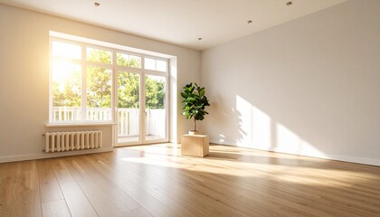 Fototapeta premium Sunlit Empty Room with Fiddle Leaf Fig Plant in Cardboard Box.