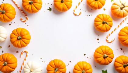 Festive Autumn Frame with Pumpkins and Candy Canes.