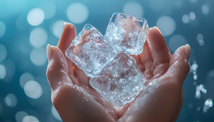Hands gently hold melting ice cubes. Refreshing clear texture, cold sensation of ice. Closeup reveals water crystals