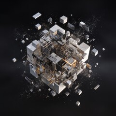 3D Cube Fractured, Abstract Design Against Black. Visualization for Science