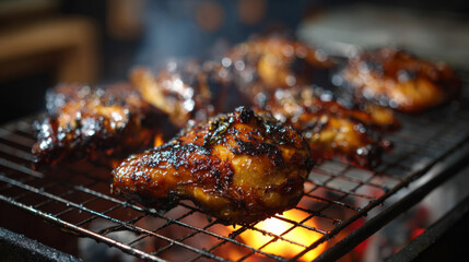 grilled chicken gai yang on charcoal grill