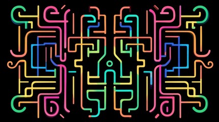 Symmetrical, colorful, curved lines with a black background, forming an abstract, geometric design