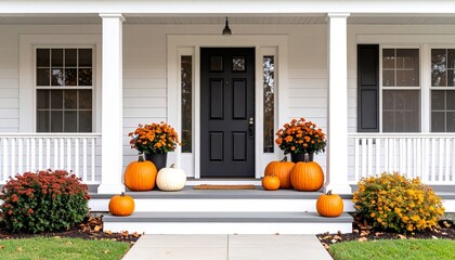Obraz premium Autumnal Home Entrance with Pumpkins and Mums.