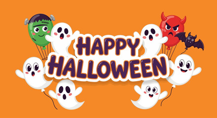 Joyful cartoon ghosts and monsters celebrate Halloween with festive balloons and cheerful greetings © Muflif