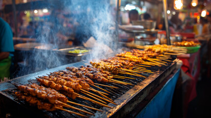 street stall with satay skewers grilling