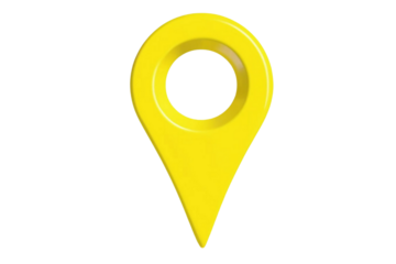 Yellow map location pin icon, isolated on transparent cutout background, cut out, png