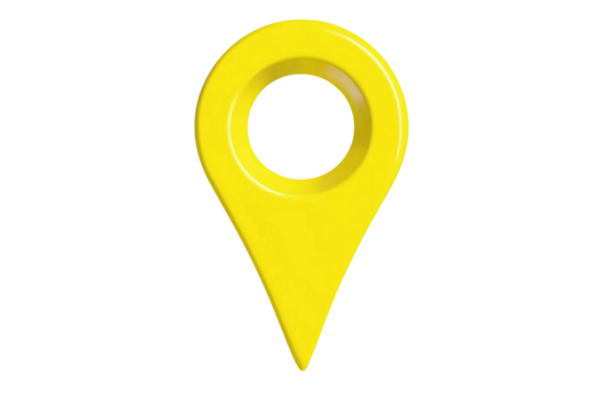 Yellow map location pin icon, isolated on transparent cutout background, cut out, png