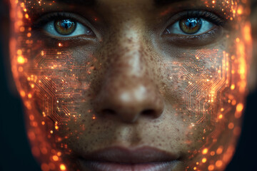 A woman's face is covered in glowing, pixelated lines