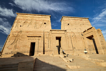 The entrance of the temple of Isis on Philae island, Egypt, Low dam Aswan