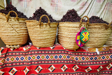 Baskets of hibiscus tea at Aswan market - one of the best hibiscus tea sorts in the world, Egypt