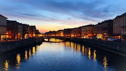 Naklejka premium A serene canal at dusk with colorful reflections, capturing the beauty of a watercolor cityscape.