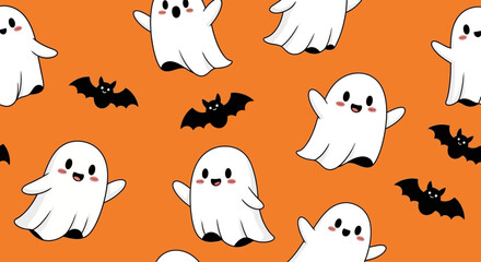 Adorable cartoon ghosts and bats create a playful, festive Halloween pattern on orange