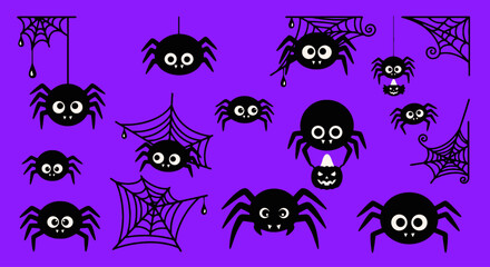 Adorable cartoon spiders and spooky webs create a playful Halloween scene perfect for festive decorations