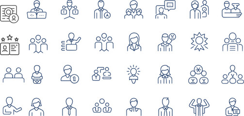Flat vector illustration of business people icons including teamwork, leadership, communication, profile, success, cooperation, management, idea, and corporate