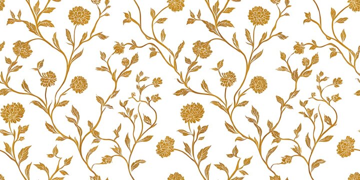 Elegant gold floral pattern with blooming flowers and branches on white seamless