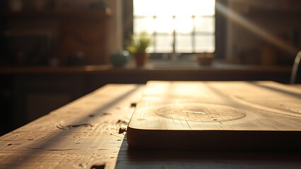 A rustic wooden table bathed in morning sunlight, creating a warm and inviting kitchen atmosphere.