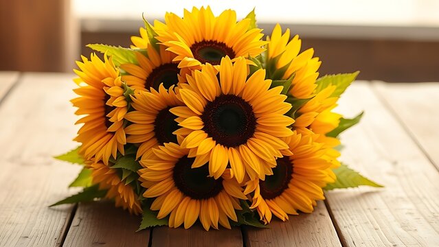 A sunflower bouquet on a rustic wooden surface, bathed in warm golden light.